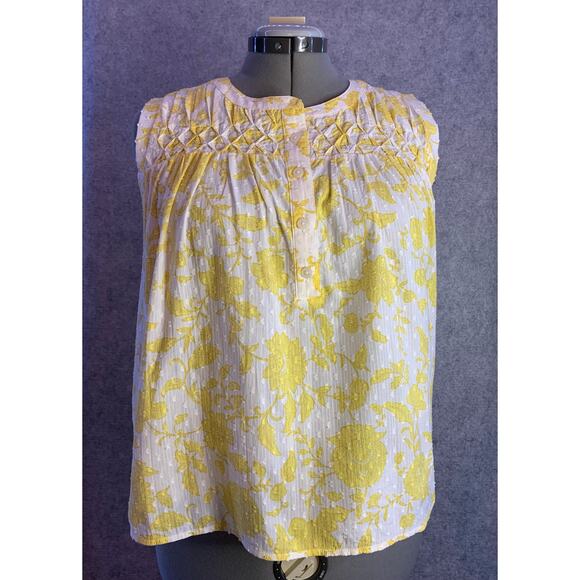 Loft Yellow Floral Pleated Yoke Mixed Media Top, Sleeveless, Women’s Size Small - Picture 3 of 12